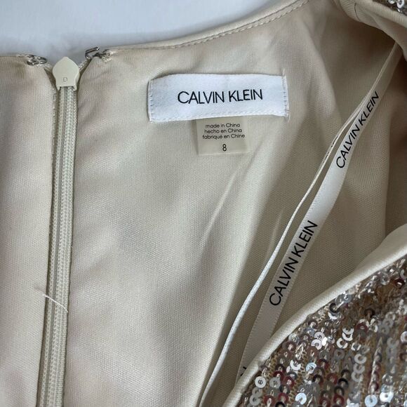 Calvin Klein Long Sleeve Faux Wrap Sequin Knee Length Dress Champagne Beige Gold - Picture 6 of 13